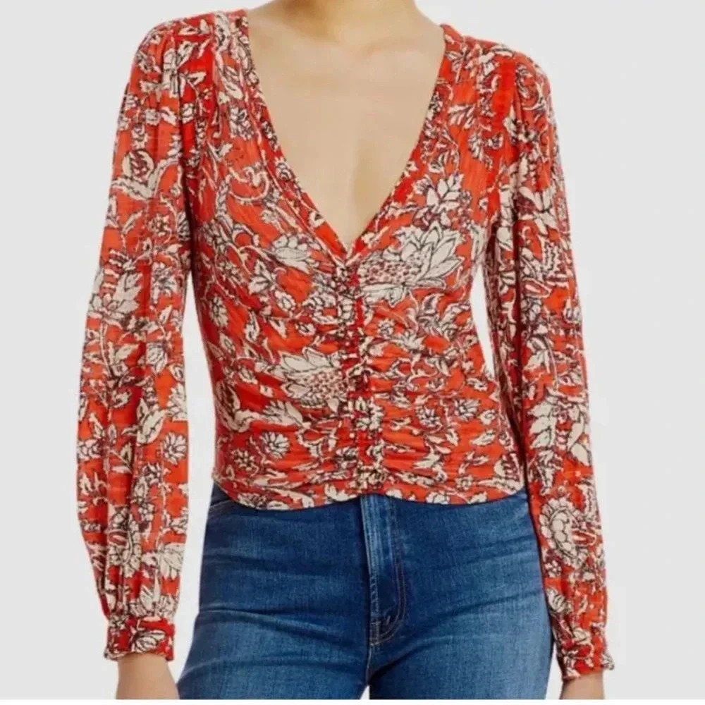 Free People Women's Red Floral Knit Blouse Top Size XS